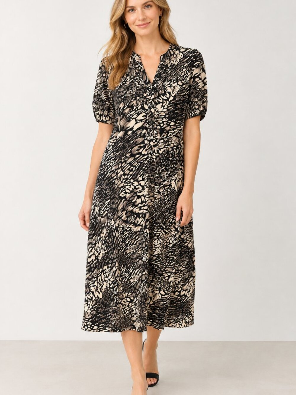 Saint Tropez West Black and Cream Printed Midi Dress Size 8